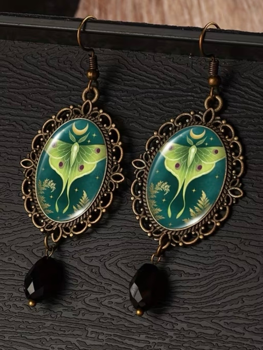Green Luna Moth Vintage-Style Dangle Earrings 2” long - Picture 3 of 8